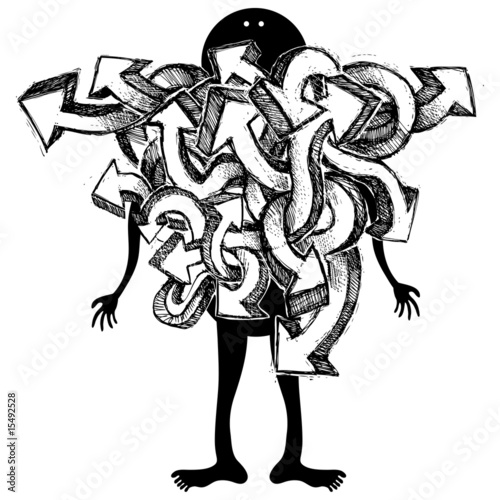 Lot of graffiti arrows into a silhouette man