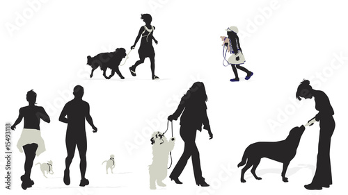 people with their dogs silhouettes