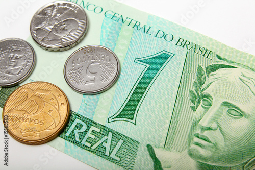 Brazil reais money currency paper bill and coins