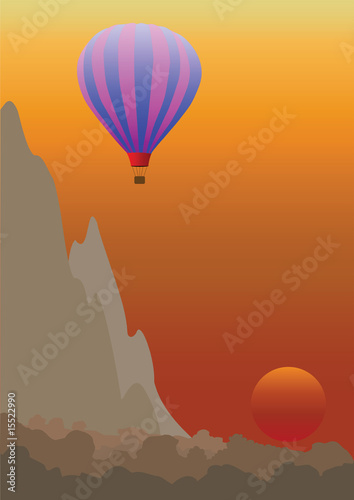 Remote Mountainous Landscape with Hot Air Balloon
