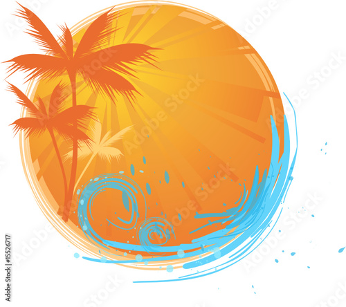 Round banner with palms and ocean's wave and water splash