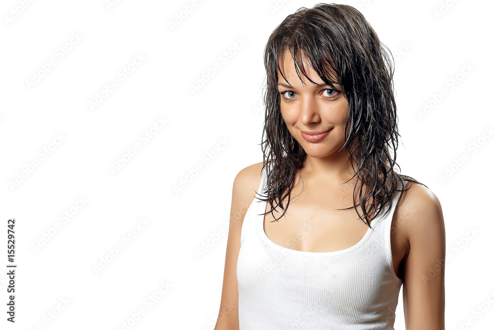 woman in white vest with wet hair.... woman in white vest with wet hair....