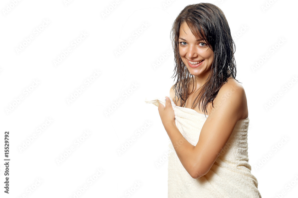Beautiful young woman after shower with towel Beautiful young woman after shower with towel