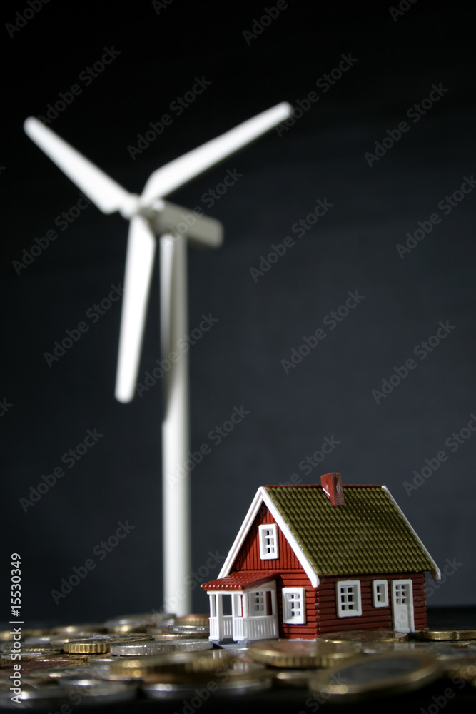 Wind turbines, little house and lots of coins.