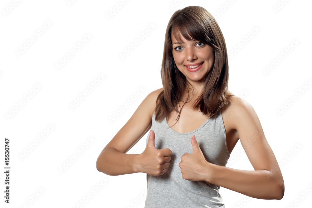 Young pretty woman with both thumbs up Young pretty woman with both thumbs up