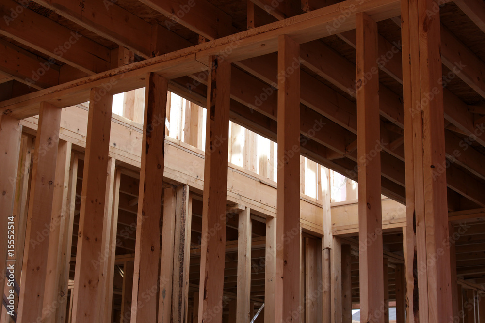 The wood framing of the interior of a new housing project..
