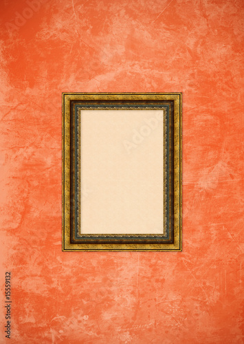 Grunge orange or pink stucco wall with empty picture frame © Ellen Beijers