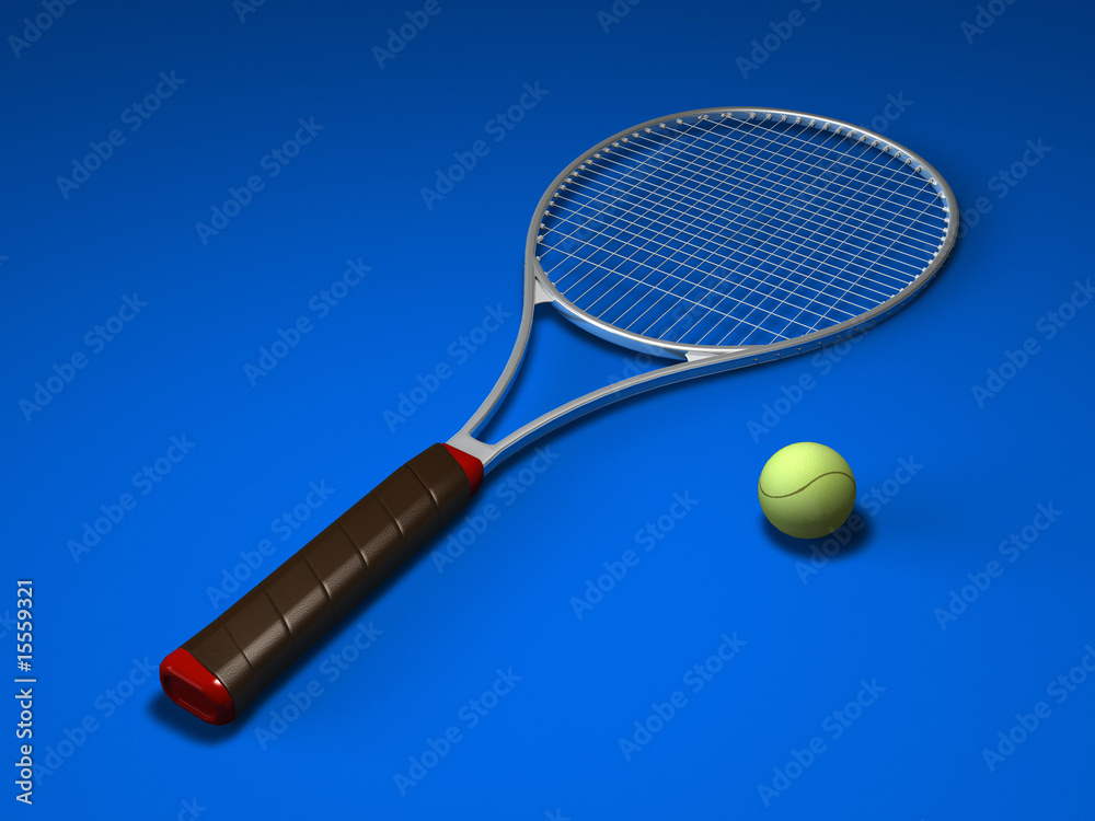 Tennis racket and ball on blue background