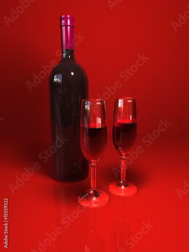 Two glasses and bottle of wine on red