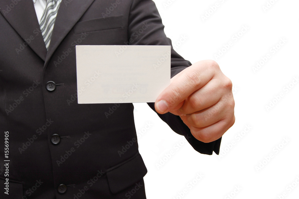 Business man handing a blank business card Business man handing a blank business card