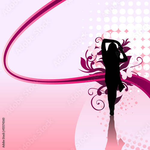 Beautiful girl silhouette with pink swirls and dots