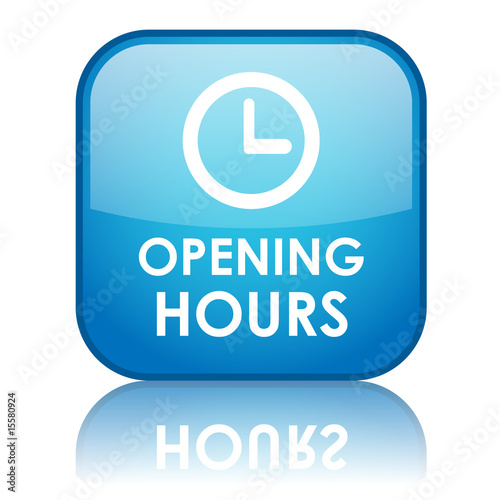 Square "OPENING HOURS" button with reflection (blue)