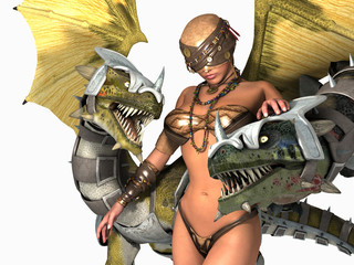 Fotobehang Draken Druïde vrouw met twee draken  © Jesse-lee Lang