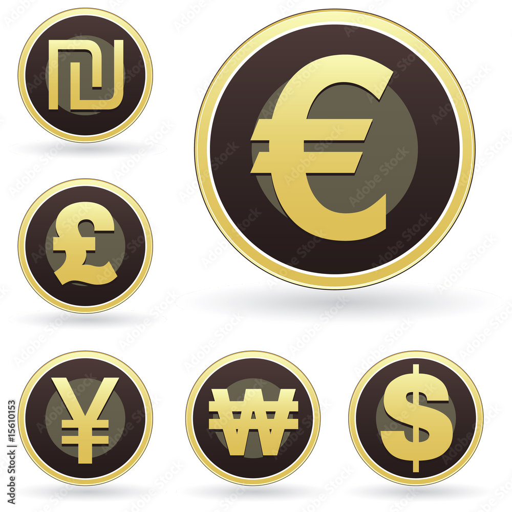 Obraz premium International currency symbol icon set on brown and gold buttons