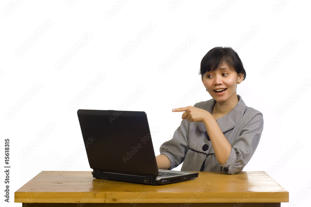 Business Woman Using Laptop on White Background and Smiling Business Woman Using Laptop on White Background and Smiling