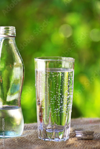 Glass and bottle of cold water.