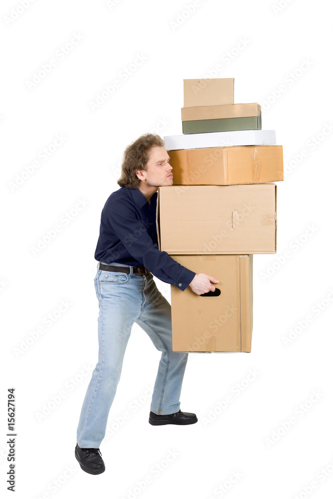 tired man carrying many cardboard boxes tired man carrying many cardboard boxes