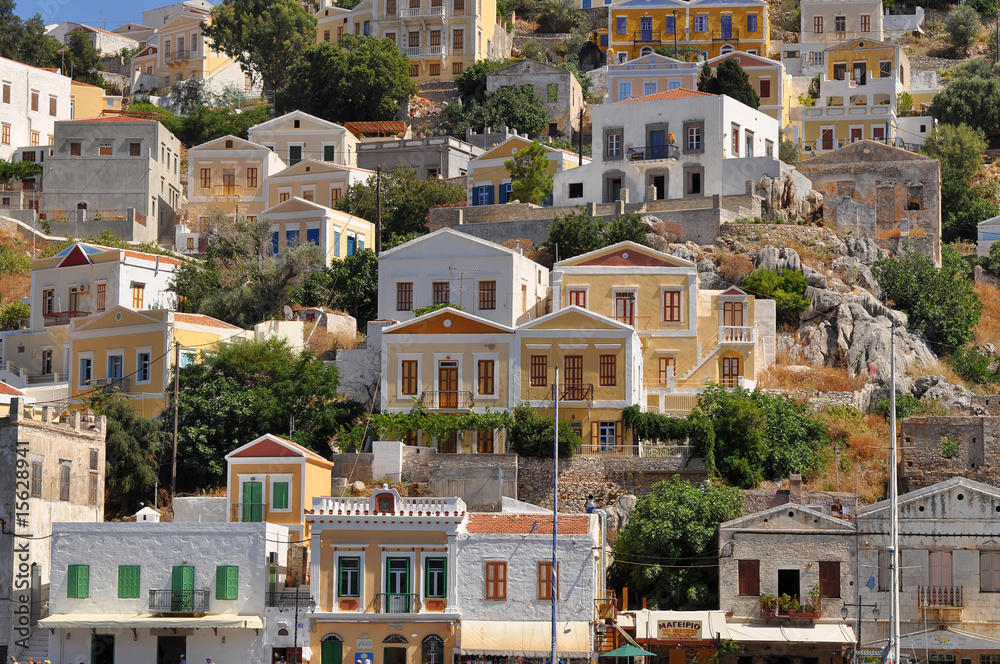 multicolored houses on an island Symi