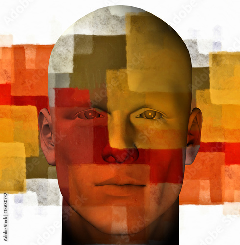 Male portrait and abstract geometric pattern. 3d illustration.
