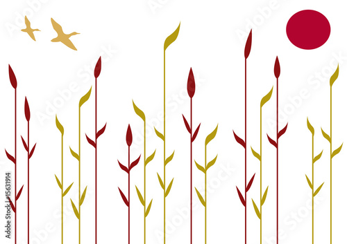 Reeds, abstract floral background with birds