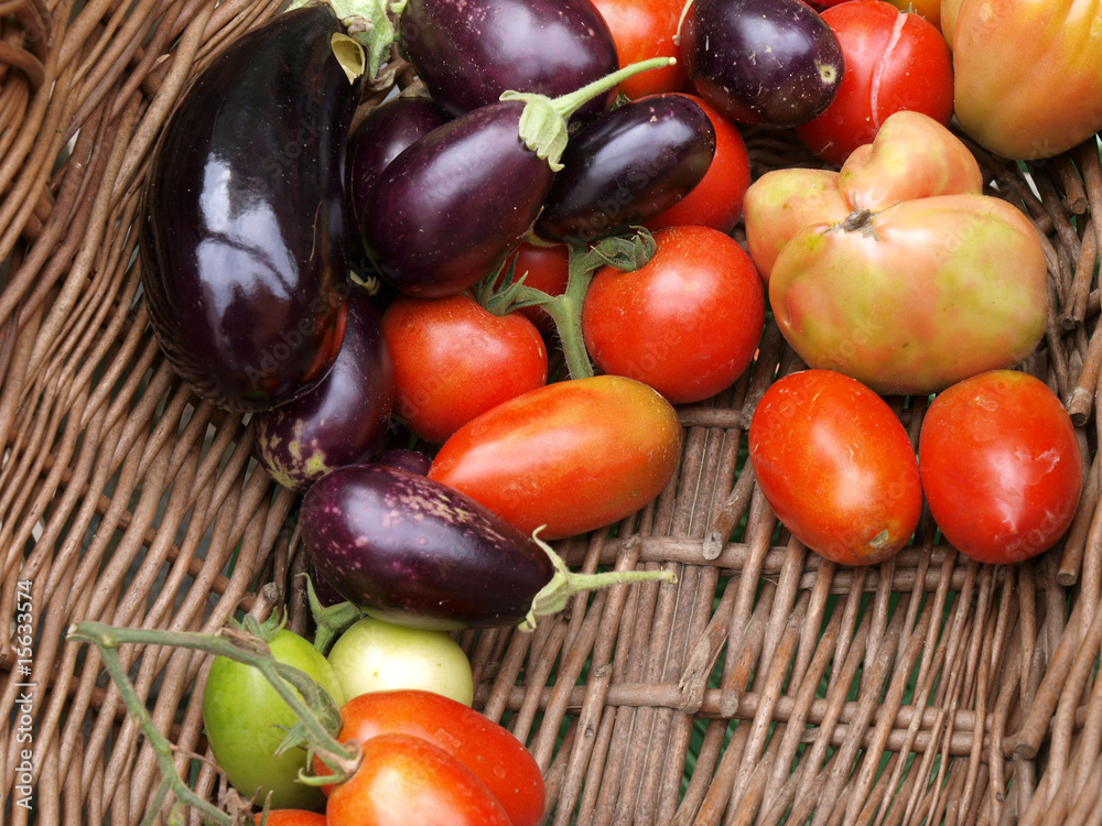 Korb mit Auberginen und Tomaten Korb mit Auberginen und Tomaten