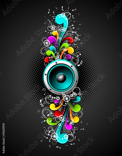 Vector speakers with colorfull grunge floral elements.