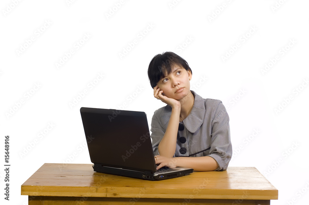 Business Woman Stress Using Laptop on White Background Business Woman Stress Using Laptop on White Background