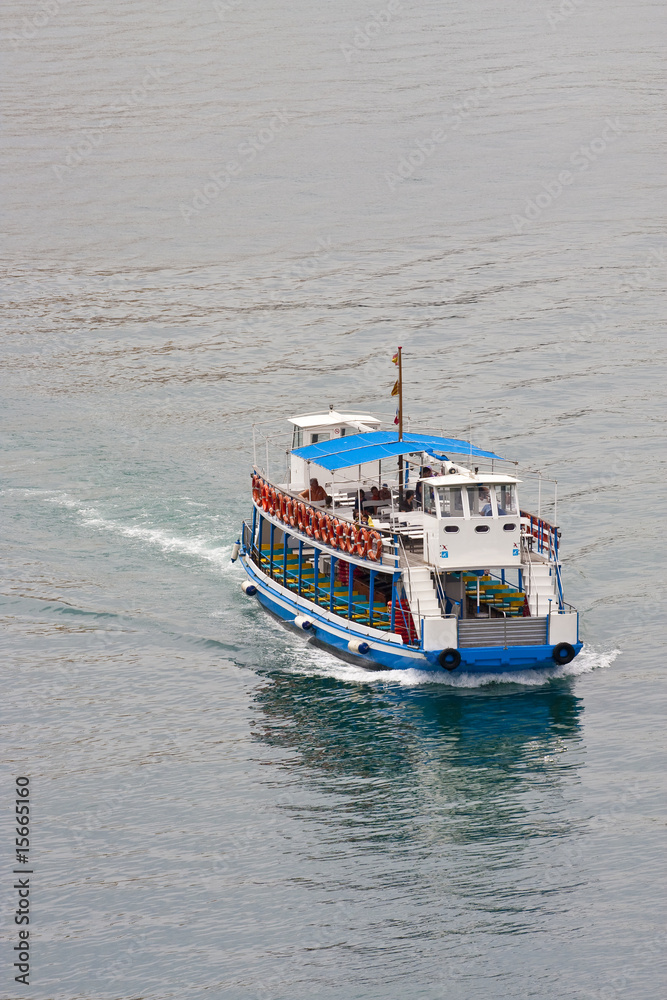 blue and White Ferry with Orange Floats blue and White Ferry with Orange Floats