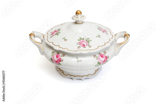 Vintage porcelain tureen isolated on white background