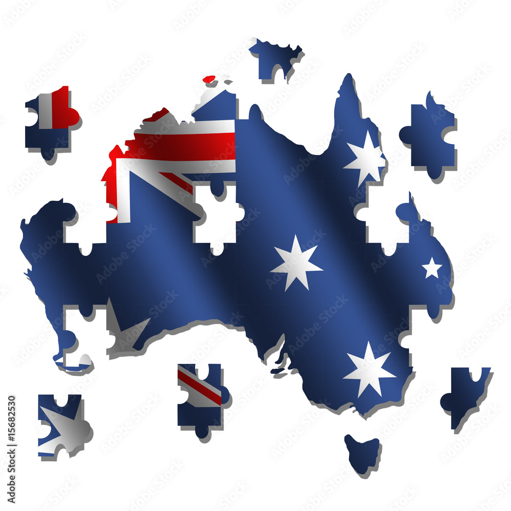 Australia map rippled flag jigsaw with shadow illustration Australia map rippled flag jigsaw with shadow illustration