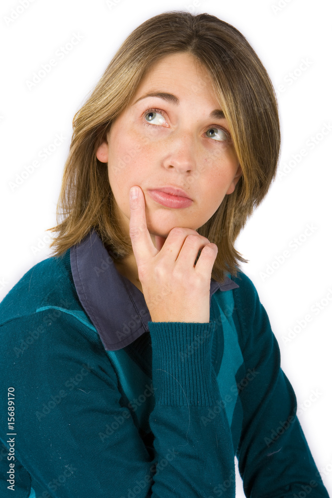 Isolated women in blue with thoughtful expression on her face Isolated women in blue with thoughtful expression on her face