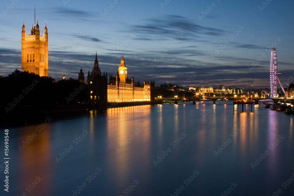Houses of Parliament and London Eye, at Night
