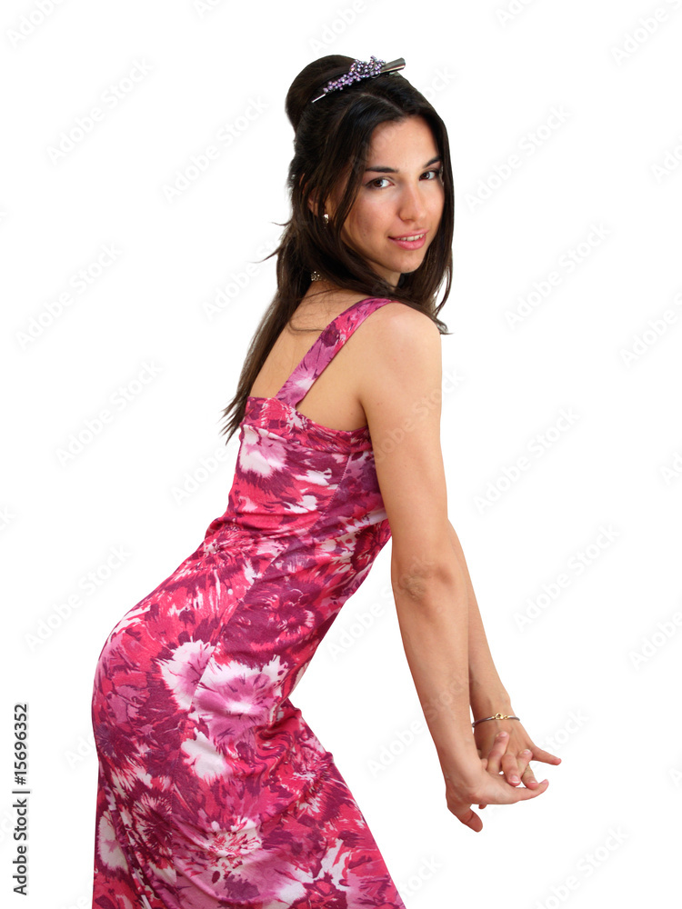 Beautiful coquettish lady in a pink gown standing sidelong Beautiful coquettish lady in a pink gown standing sidelong