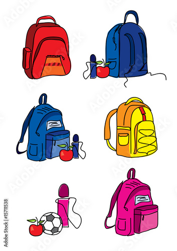 set of school bags, bottle and soccer ball