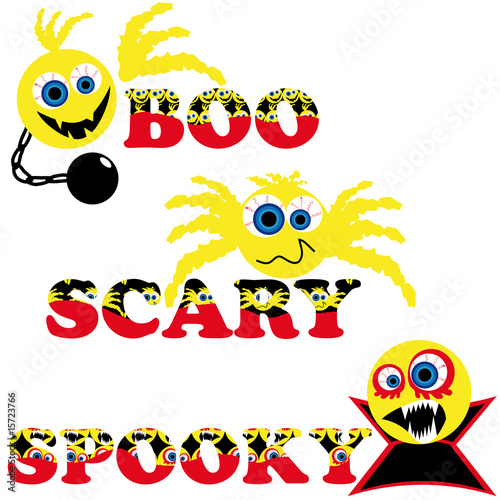 three scary halloween smileys with text boo scary spooky