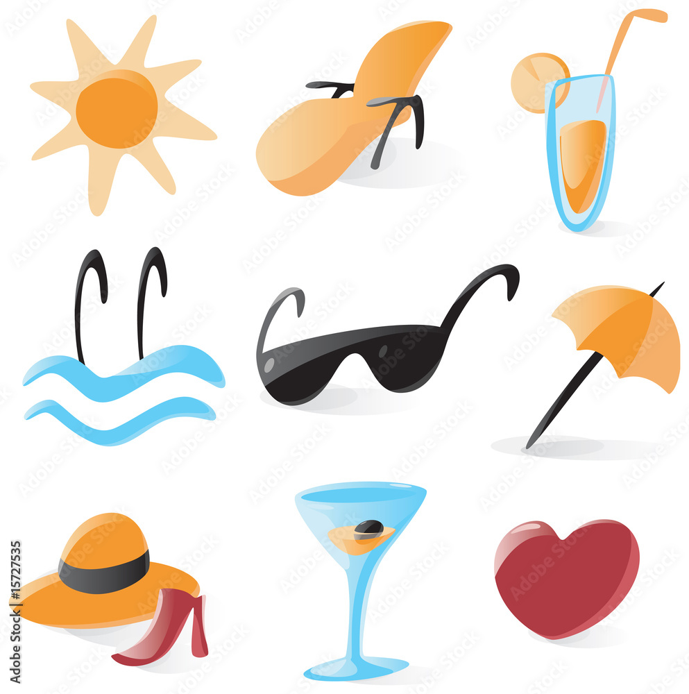 Set of smooth and glossy icons for vacations and resort Set of smooth and glossy icons for vacations and resort