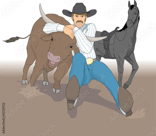 cowboy with horse, stopped a bull by the horns, rodeo