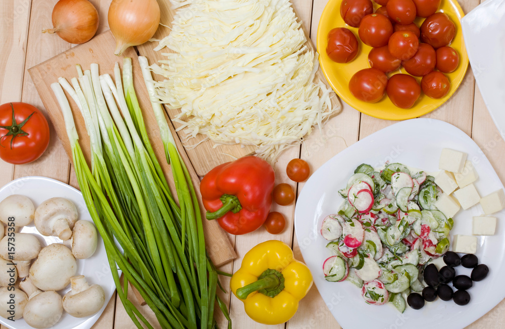 Fresh vegetables, mushrooms and served salad Fresh vegetables, mushrooms and served salad