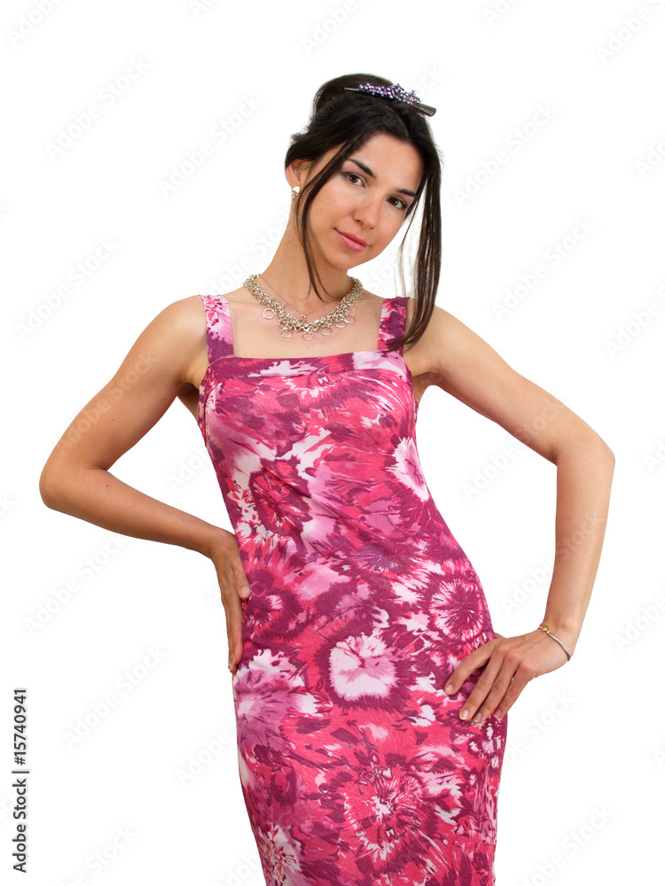 Smiling coquettish lady in a pink gown isolated on white Smiling coquettish lady in a pink gown isolated on white