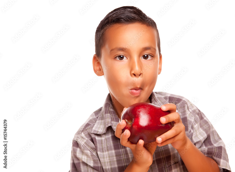 Adorable Hispanic Boy Eating a Large Red Apple Adorable Hispanic Boy Eating a Large Red Apple