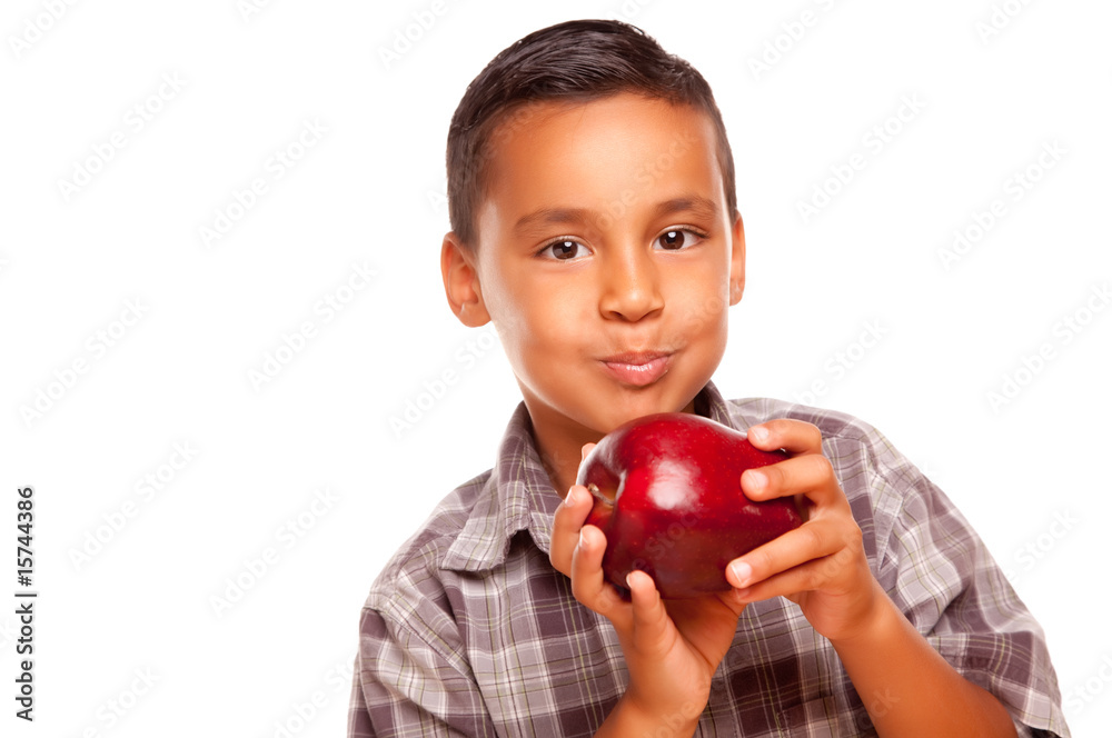 Adorable Hispanic Boy Eating a Large Red Apple Adorable Hispanic Boy Eating a Large Red Apple