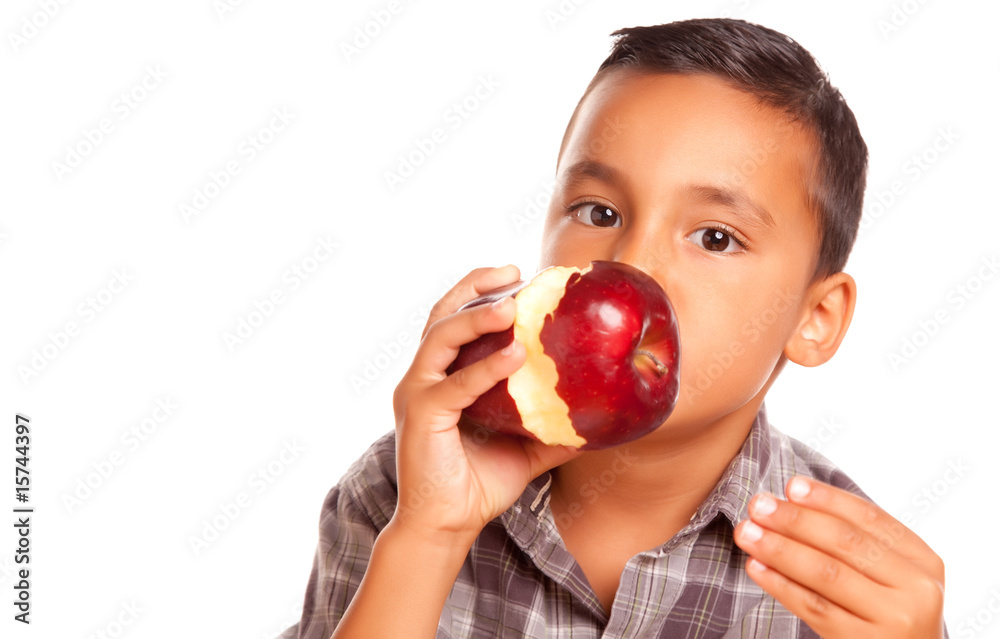 Adorable Hispanic Boy Eating a Large Red Apple Adorable Hispanic Boy Eating a Large Red Apple
