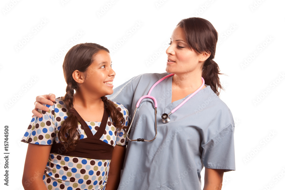 Pretty Hispanic Girl and Female Doctor Isolated Pretty Hispanic Girl and Female Doctor Isolated