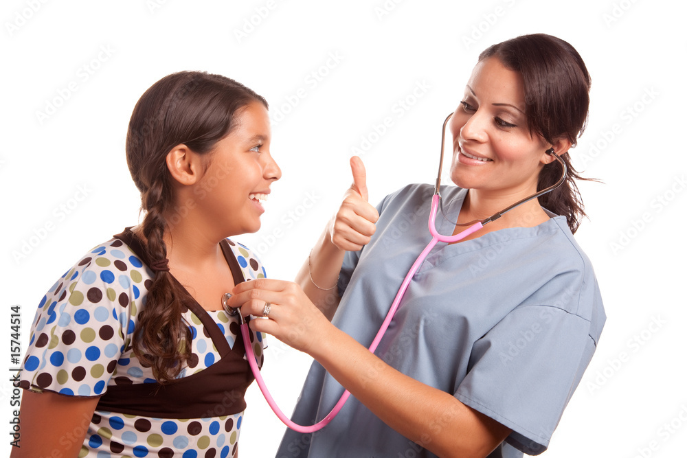 Pretty Hispanic Girl and Female Doctor Isolated Pretty Hispanic Girl and Female Doctor Isolated