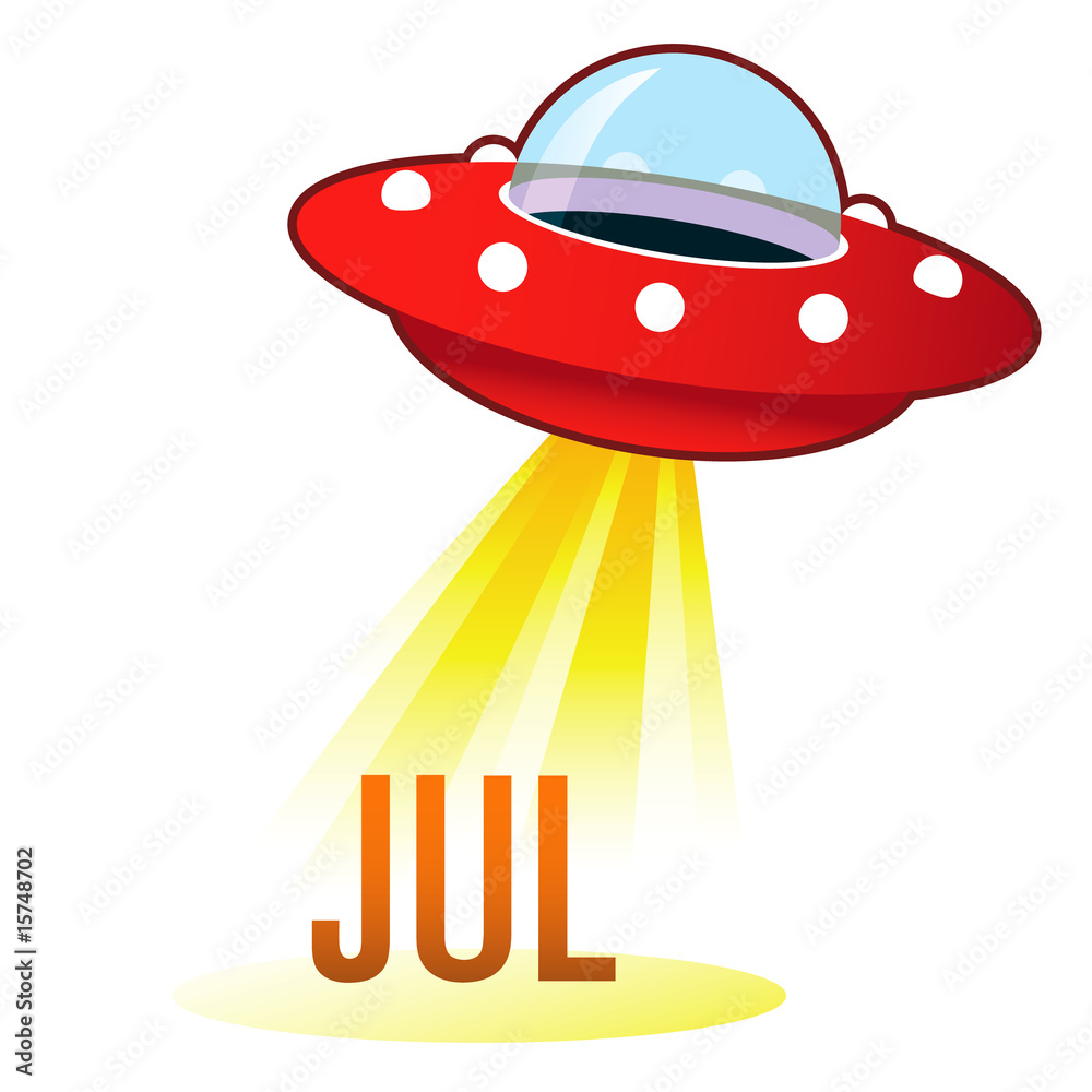 July calendar month icon on retro flying saucer UFO July calendar month icon on retro flying saucer UFO
