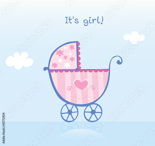 It's girl! Vector cartoon Illustration of pram.