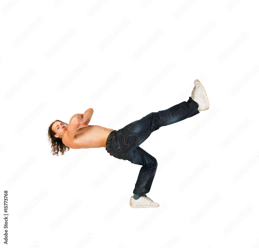 Naklejka premium Cool breakdancer making out on plain background