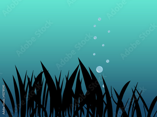 underwater scene with grass and bubbles