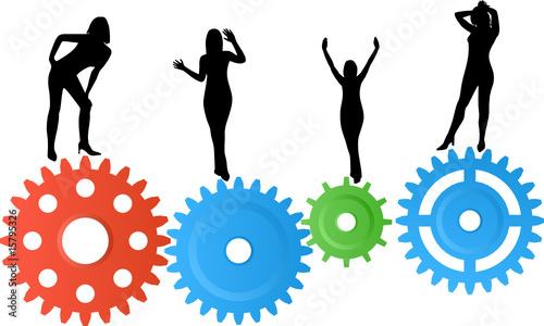 Illustration of woman silhouettes on colourful gear wheels