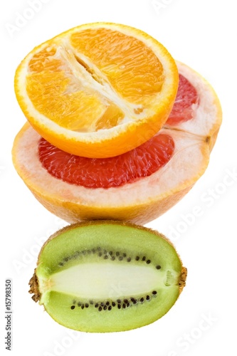 Fresh grapefruit, orange and kiwi on white background